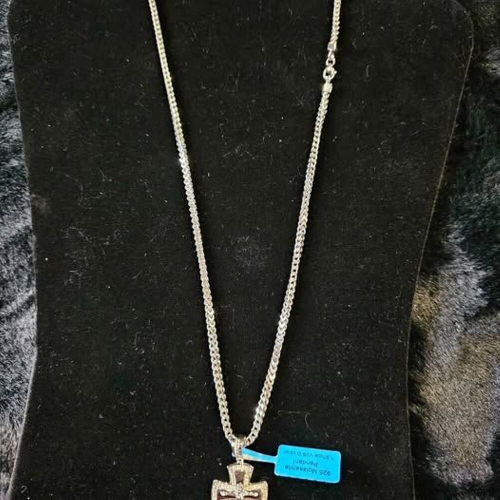 1.97CTW VVSD Moissanite Cross Pendant on 20" Sterling Silver Box Chain